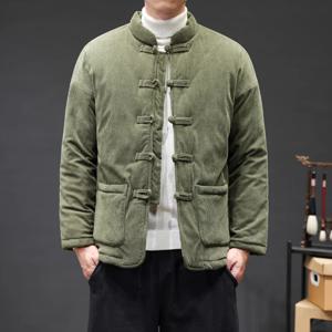 2024 두꺼운 겨울 자켓 남자 중국 스타일 코듀로이 따뜻한 당나라 Hanfu 파카 남자 레트로 디스크 버클 남성 코트