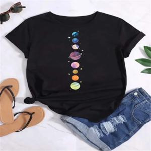 여성 문 플래닛 프린트 패션 티 셔츠 캐주얼 라운드 넥 반팔 streetwear 여성 티셔츠 빈티지상의