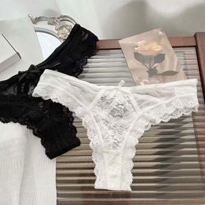 달콤한 패치 워크 메쉬 꽃 Bowknot 팬티 속이 빈 레이스 꽃 끈 팬티 레이디에 대한 투명 코튼 가랑이 속옷