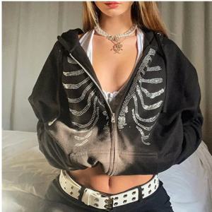 Y2K 라인스톤 스켈레톤 후드티 여성 고딕 블랙 지퍼 오버사이즈 스웨트셔츠 여성 레트로 하라주쿠 후드 재킷 스트릿웨어