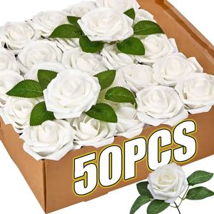 50/5Pcs 인공 장미 꽃 거품 가짜 장미 머리 줄기 DIY 웨딩 부케 홈 파티 테이블 장식 용품