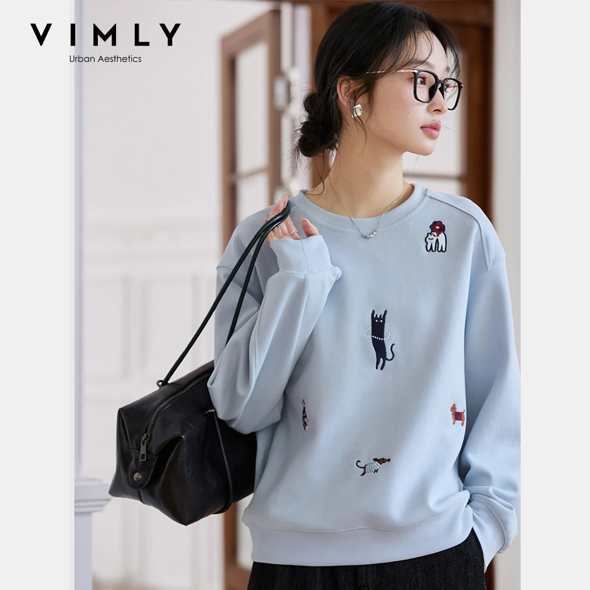VIMLY 재미 있은 그래픽 스웨트 셔츠 2026 여성 블루 고양이와 개 자수 봄 가을 캐주얼 크루 넥 탑 여성 의류 A0779