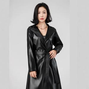 인조 가죽 코트 여성 트렌치 재킷 PU 아우터웨어 벨트 타이트 웨이스트 턴다운 칼라 가을 펑크 스트리트웨어 윈드브레이커