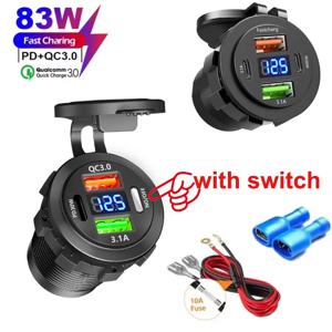 QC 3.0 PD30W 듀얼 USB 고속 차량용 충전기 소켓 12V/24V 방수 스위치 포함 자동차 빠른 충전 어댑터 전원 콘센트