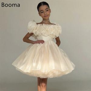 Booma A-Line 오프 숄더 플리츠 튤 플라워 걸 드레스 웨딩 파티 드레스 어린이용 플라워 걸 프롬 가운 맞춤형