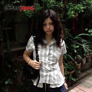 Genayooa Y2k 일본 셔츠 여성 슬림 반소매 체크 무늬 티셔츠 미국 레트로 빈티지 블라우스 및 셔츠 streetwear 캐주얼 탑