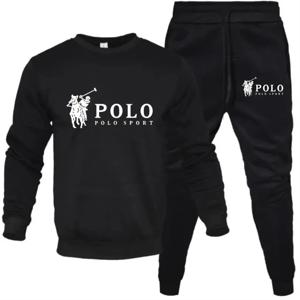 남성용 폴로 스포츠 2피스 트랙수트 – 블랙 크루넥 스웨트셔츠 조거 팬츠 세트 캐주얼 스포츠웨어 스타일리쉬 폴로 스포츠 트랙수트