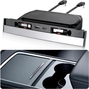 테슬라 모델 Y 2020-2024 모델 3 2020-2023용 슬라이딩 커버가 있는 USB 허브, 멀티 포트 고속 충전기, 수납식 케이블, 방수 기능
