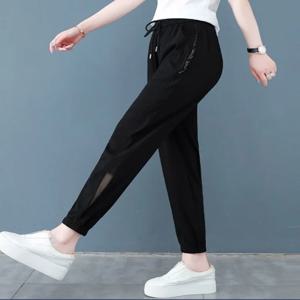 블랙 실크 아이스 하렘 팬츠 여성 여름 얇은 루즈핏 와이드 9부 캐주얼 팬츠 큰 사이즈 발목까지 오는 캐주얼 포켓 손수건