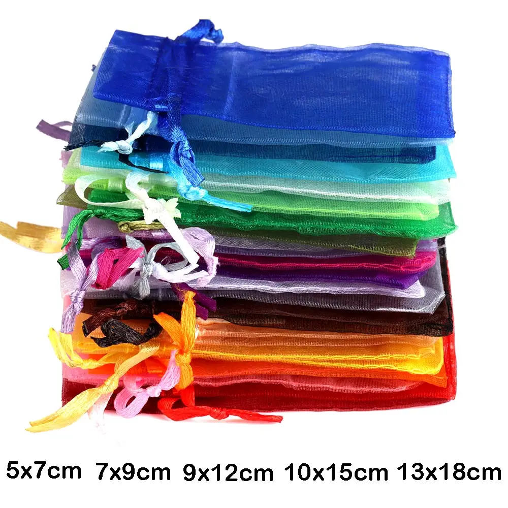 50/100pcs 다채로운 Organza 선물 가방 5x7 7x9 9x12 10x15 13x18cm 파티 결혼식 호의 사탕 보석 포장 졸라매는 끈 파우치