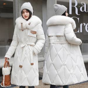 화이트 퍼 칼라 다운 코튼 파카 패딩 코트 여성 겨울 2025 신상 롱 오버 니 웨이스트 웜 두꺼운 파카 코트