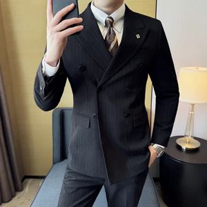 더블 브레스트 스트라이프 디자인 남성용 세트, 신랑 웨딩 비즈니스 슬림핏 무도회 턱시도, 7XL-M, 최신 2024
