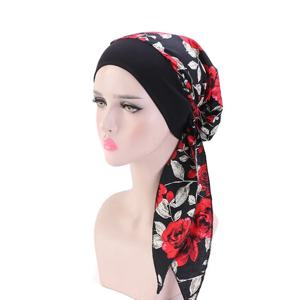 여성 인쇄 Pre-Tied Turban 모자 긴 꼬리 Headscarf Strechy Bandana 이슬람 Hijab 내부 모자 탈모 커버 Beanies Bonnet