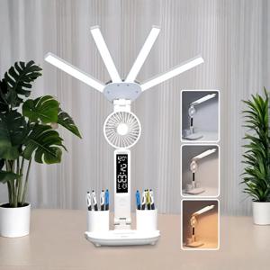 3색 LED 테이블 램프 팬과 시계 포함 네 개의 헤드 접이식 USB 충전 다기능 책상 램프 독서용 야간 조명