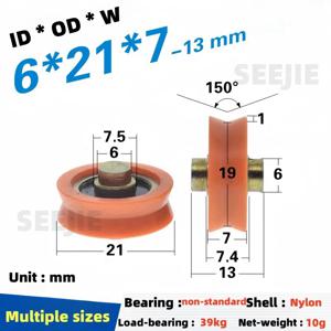 8개 6x21x8mm 도어 및 창문 풀리 V형 홈 휠 나일론 플라스틱 휠 벨트 샤프트 로드 샤프트 베어링 휠