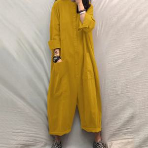 솔리드 컬러 캐주얼 루즈 포켓 점프 슈트 여성 새 가을 간단한 긴 소매 셔츠 여성 휴가 Rompers 세련된 streetwear