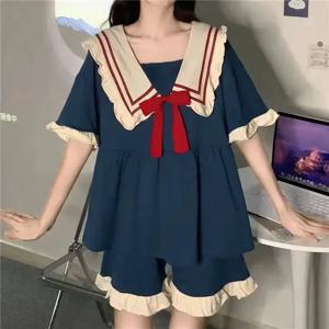 플러스 사이즈 반팔 반바지, 귀여운 여성 홈웨어, 인형 목 소녀 잠옷, 귀여운 원피스 단색, 학생 2 개/세트