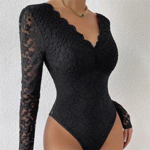 여성용 점프 슈트 Onesie 레이스 긴 소매 원근법 자수 블랙 v 넥 슬림 화이트베이스 셔츠 레드 바디 슈트