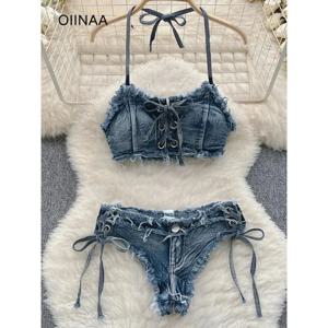 OIINAA 수영복 여성 섹시한 데님 정장 비키니 세트 레이스 업 Drawstring Beachwear 2025 솔리드 여름 빈티지 투피스 수영복