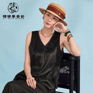 LI SILK CLOUD Xiangyunsha 캐미솔 탑 - 퓨어 블랙 드레이핑 멀베리 실크 조끼, 이너/아우터웨어용 전통 공예