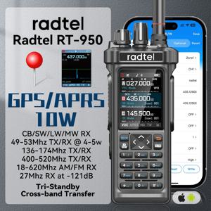 Radtel RT-950 GPS APRS 무전기 AM/FM/MW/LW/SW 수신기(10W 블루투스 앱 프로그래밍 지원) 햄 라디오 트리플 스탠바이 스펙트럼