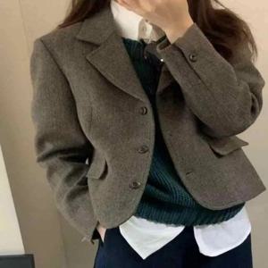 한국 빈티지 크롭 블레이저 여성 버튼 긴 소매 우아한 오피스 레이디 수트 재킷 여성 단색 심플 캐주얼 레트로 아우터웨어