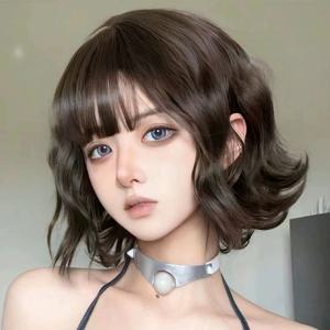 로리타 스타일 헤어 익스텐션 합성 귀여운 JK 소녀 코스프레 에어뱅 가발 통기성 헤드 커버 짧은 곱슬 가발 모자 여성용