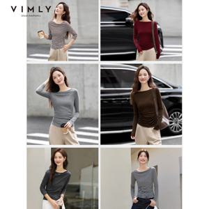 VIMLY 탑 여성 2026 봄 가을 슬래시 넥 긴팔 여성용 티셔츠 캐주얼 니트 슬림핏 스트레치 여성 티셔츠 A3039