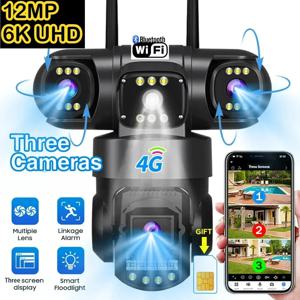 4G 카메라 12MP 6K 트리플 렌즈 트리플 스크린 모니터 야간 투시 보안 보호 V380 Pro PTZ 비디오 감시