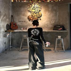 아메리칸 스타일 긴팔 라운드넥 슬림핏 캐주얼 팬츠 세트 레터 프린트 밴딩 스트레이트 레그 여성 패션 앙상블