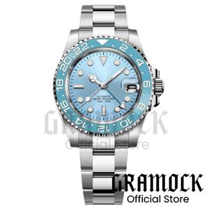 남성용 커스텀 GMT 다이빙 시계 40mm 아이스 블루 다이얼 NH34A 기계식 그린 야광 세라믹 베젤 사파이어 날짜 표시 100m 방수