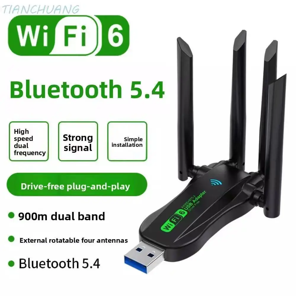 듀얼 밴드 WiFi6 USB 어댑터, AX900 블루투스 5.4 900Mbps WiFi 동글, 플러그 앤 플레이 4 안테나 2.4G/5Ghz USB 인터페이스 무선 네트워크