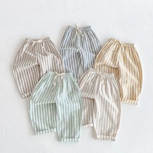 봄 여름 소년 스트라이프 루즈 팬츠 아기 소녀 빈티지 캐주얼 리넨 코튼 하란 바지 키즈 레이스 업 바지 아동 의류