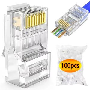 100개 RJ45 커넥터 CAT6 패스 스루 커넥터 크리스탈 엔드 금도금 8P8C 크림프 UTP 표준 이더넷 네트워크 모듈러 플러그