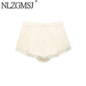 NLZGMSJ 2026 봄 여름 레이스 패치워크 시크 레이디 반바지 솔리드 지퍼 포켓 반바지 패션 여성 반바지