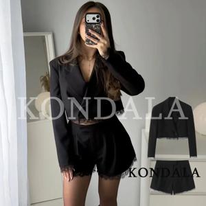 KONDALA 여성 트렌디 레이스 블레이저 세트 블랙 라펠 숏 블레이저 포켓 반바지 새로운 패션 2026 봄 여름 파티 오피스룩 세트