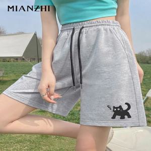 여성 여름 고양이 프린트 캐주얼 반바지 A라인 루즈핏 무릎 길이 포켓 드로스트링 밴딩 허리 순면 소재