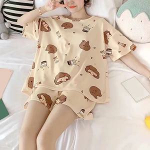 여름 여성용 잠옷 반팔 반바지 세트 얇고 헐렁한 핏 아우터웨어 홈웨어 귀엽고 달콤한 캐미솔 잠옷