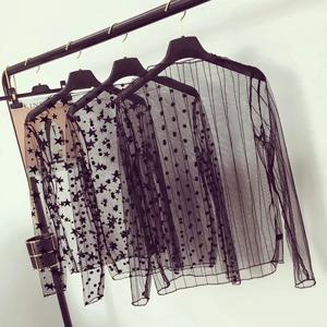 여성용 섹시한 메쉬 시스루 레이스 티셔츠, 퍼스펙티브 긴팔, 스탠드 칼라 메쉬 탑, 스트라이프 폴카 도트 스타 파티 티셔츠