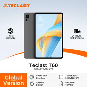 Teclast T60 12인치 2K 태블릿 안드로이드 13 8GB+8GB RAM 256GB ROM T616 옥타 코어 8000mAh 18W PD 고속 충전 4G VoLTE GPS 태블릿