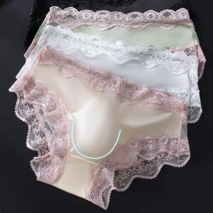 남성용 섹시 레이스 시스루 팬티 아이스 실크 통기성 브리프 속옷 3D 볼륨 파우치 고탄력 팬티 남성 메쉬 란제리