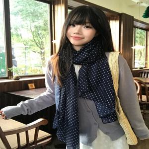레트로 폴카 도트 스카프 여성용 봄 가을 한국 스타일 다용도 고급스러운 느낌의 숄 넥 워머 예술적인 실크 스카프