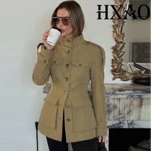 HXAO 버튼 여성 자켓 긴팔 아우터 포켓 데미시즌 블레이저 여성 자켓 피티드 롱 코트 오피스 캐주얼 자켓