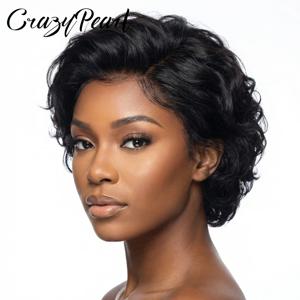 CrazyPearl 13X4 레이스 프론탈 가발 픽시 컷 인간의 머리카락 짧은 곱슬머리 블랙 브라질 레미 헤어 흑인 여성을 위한 자연스러운 헤어라인