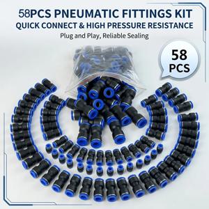 58PCS 공압식 퀵 커플링 키트, 4/6/8/10/12mm 푸시인 피팅, 직선형 에어 튜브 커넥터, 퀵 릴리스 에어 호스 커플러