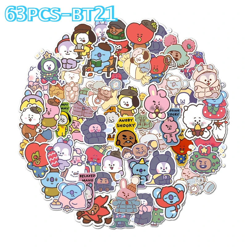 63개 BT21 만화 스티커 귀엽고 독창적인 방수 애니메이션 주변기기 스티커 팬들을 위한 선물