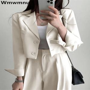 여성용 캐주얼 루즈 크롭 블레이저 재킷, 하이 웨이스트 와이드 레그 팬츠, 앙상블 오피스 복장, 한국 OL 짧은 정장 세트, 콘준토 신제품