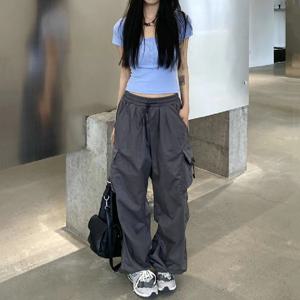 여성 캐주얼 카고 바지 솔리드 로우 허리 드로우 스트링 빅 포켓 와이드 레그 헐렁한 바지 여성 Y2K streetwear Oversize Sweatpants