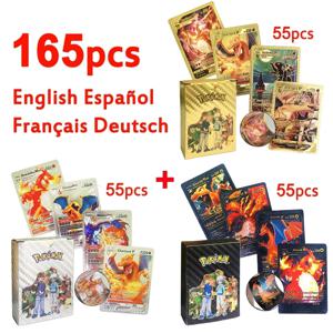 165-10PCS 포켓몬 컬러풀 골드 포일 카드 리자몽 피카츄 아르세우스 블랙 실버 영어 스페인어 프랑스어 독일어 VSTAR VMAX 카드
