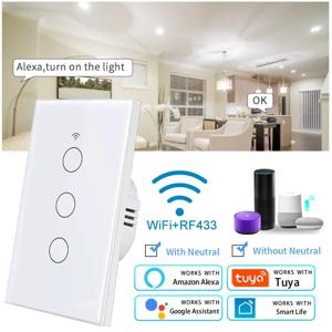 Tuya 스마트 스위치 미국 중성선/중성선 필요 없음 1/2/3/4 갱 조명 WiFi 터치 스위치 Alexa Google Home과 호환